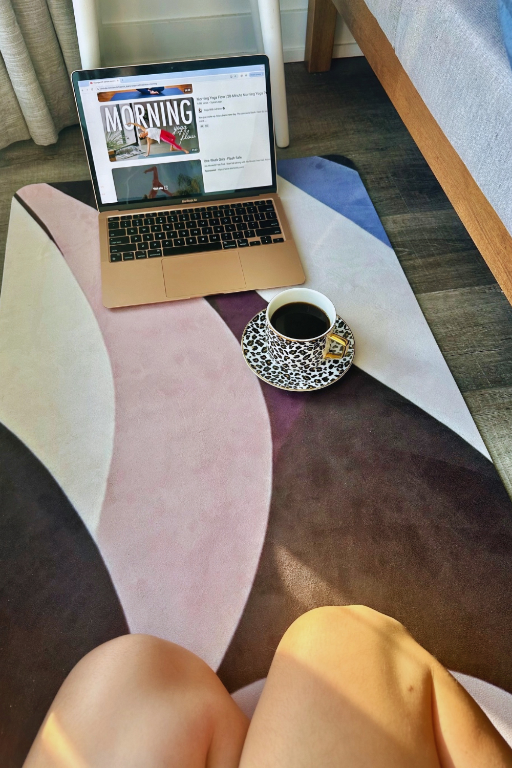 unrolled art print design yoga mat ready for practice with online youtube yoga class