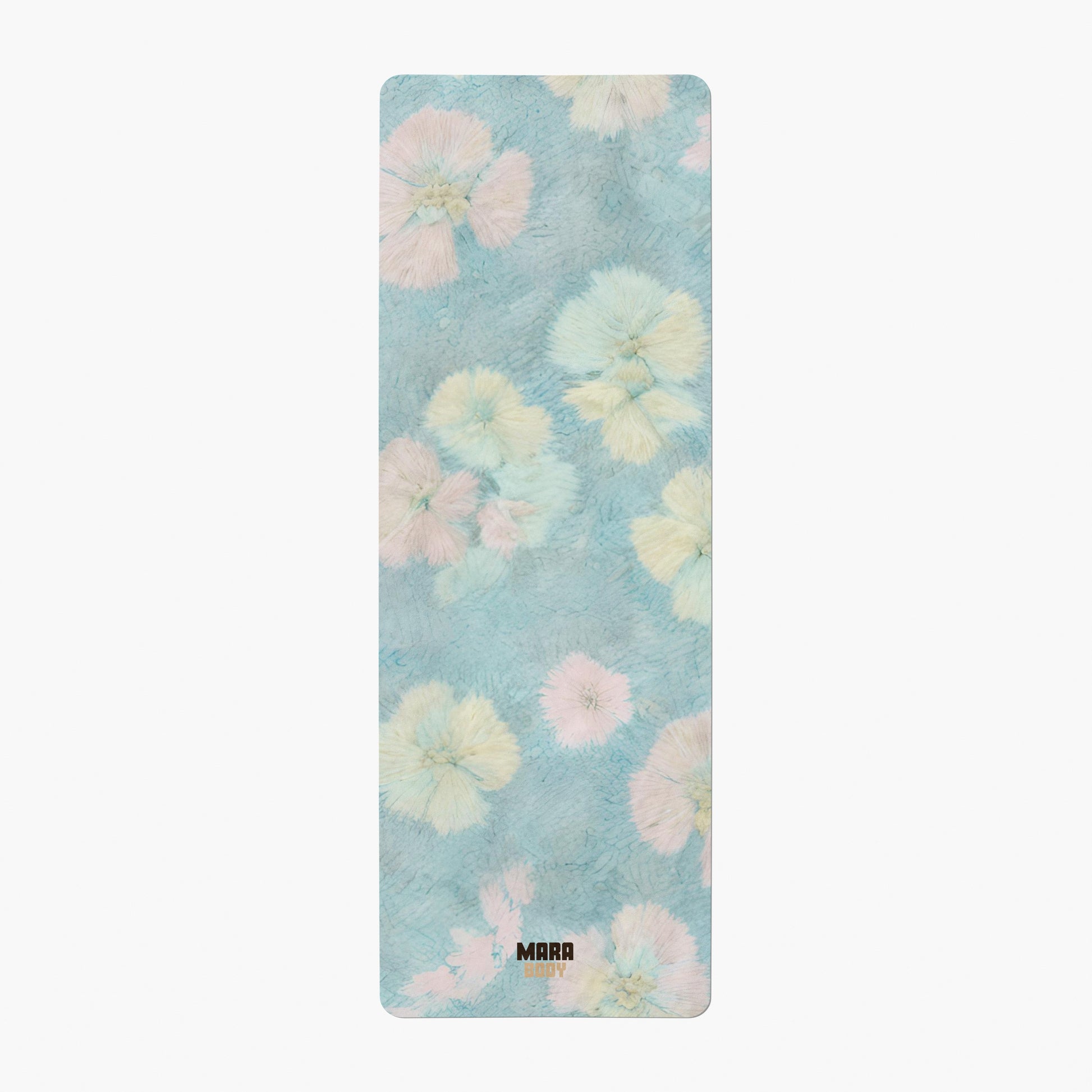 Floral-patterned mat with a brand logo on a light blue background