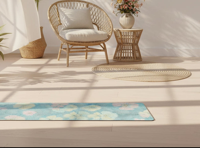 Living room with a rug, chair, and plants in a bright room.