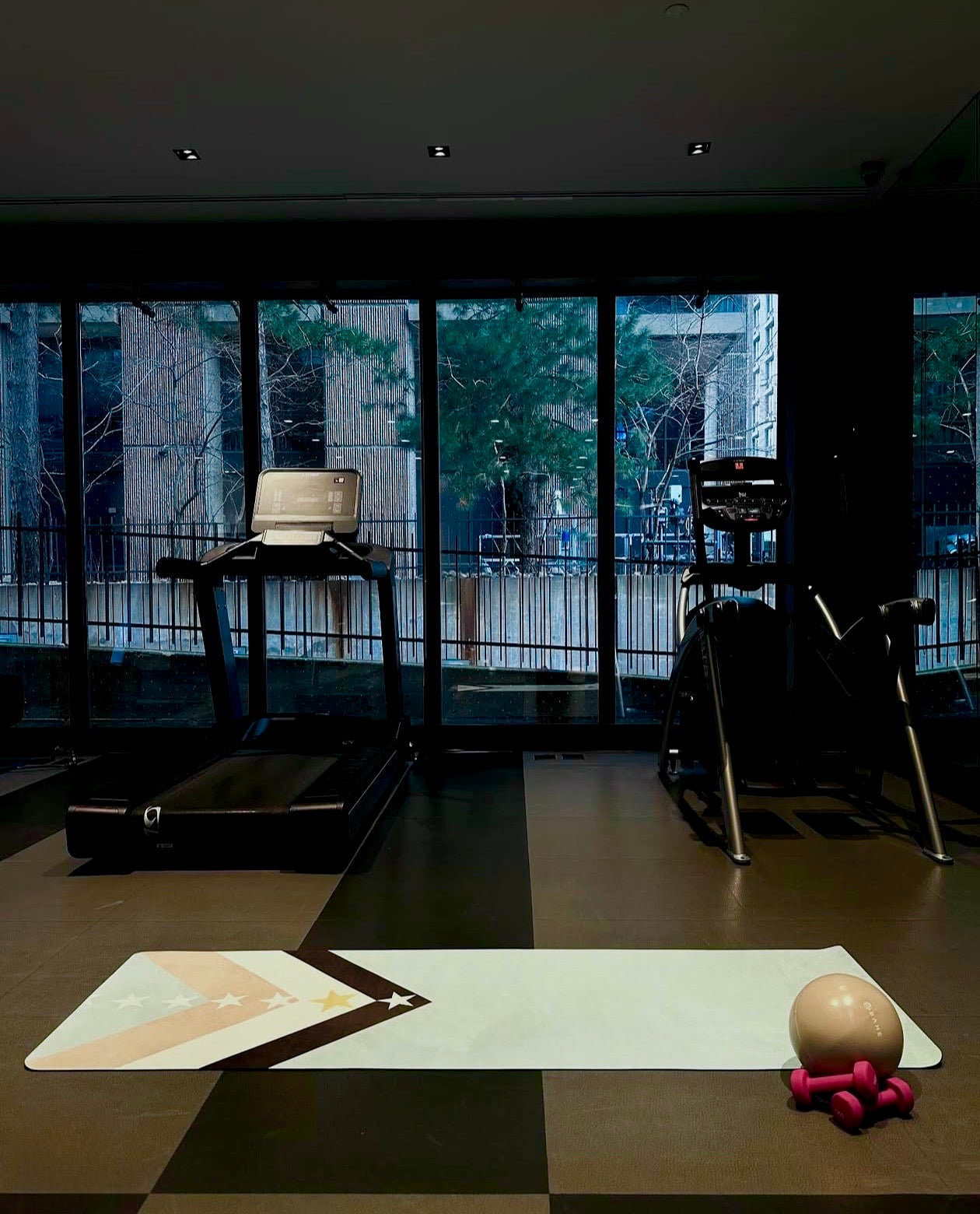 A fitness room interior with treadmills and exercise equipment near large windows, with an aesthetic blue yoga mat and a beige ball on the floor in the foreground.