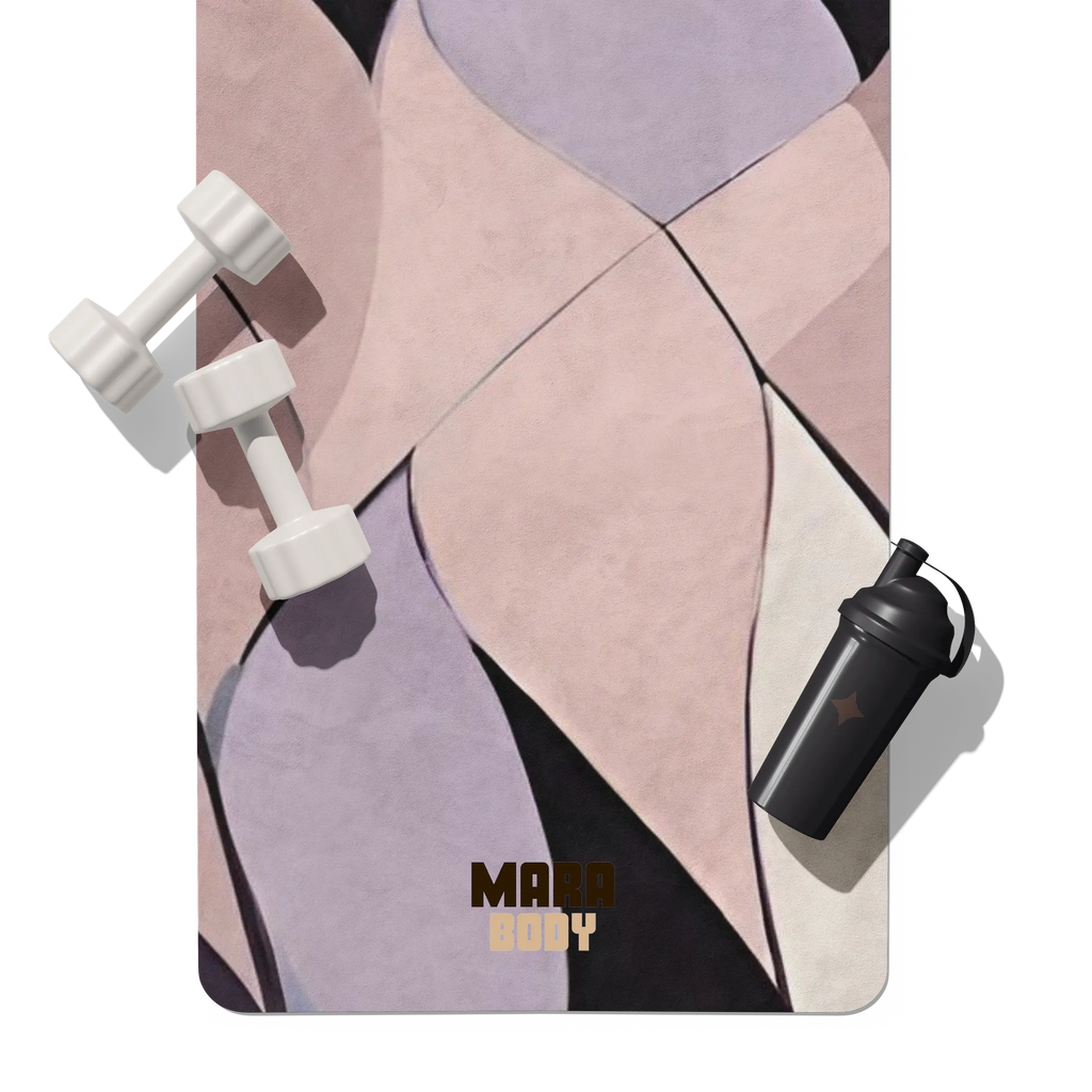 Black shaker and white dumbells bottle on a abstract geometric patterned yoga mat with 'Mara Body' branding.