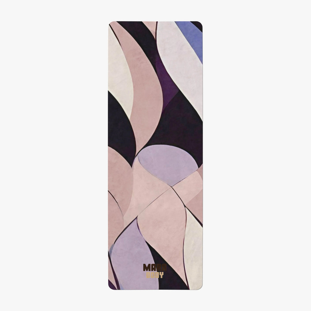 Colorful abstract patterned designer yoga mat with logo mara body on a white background