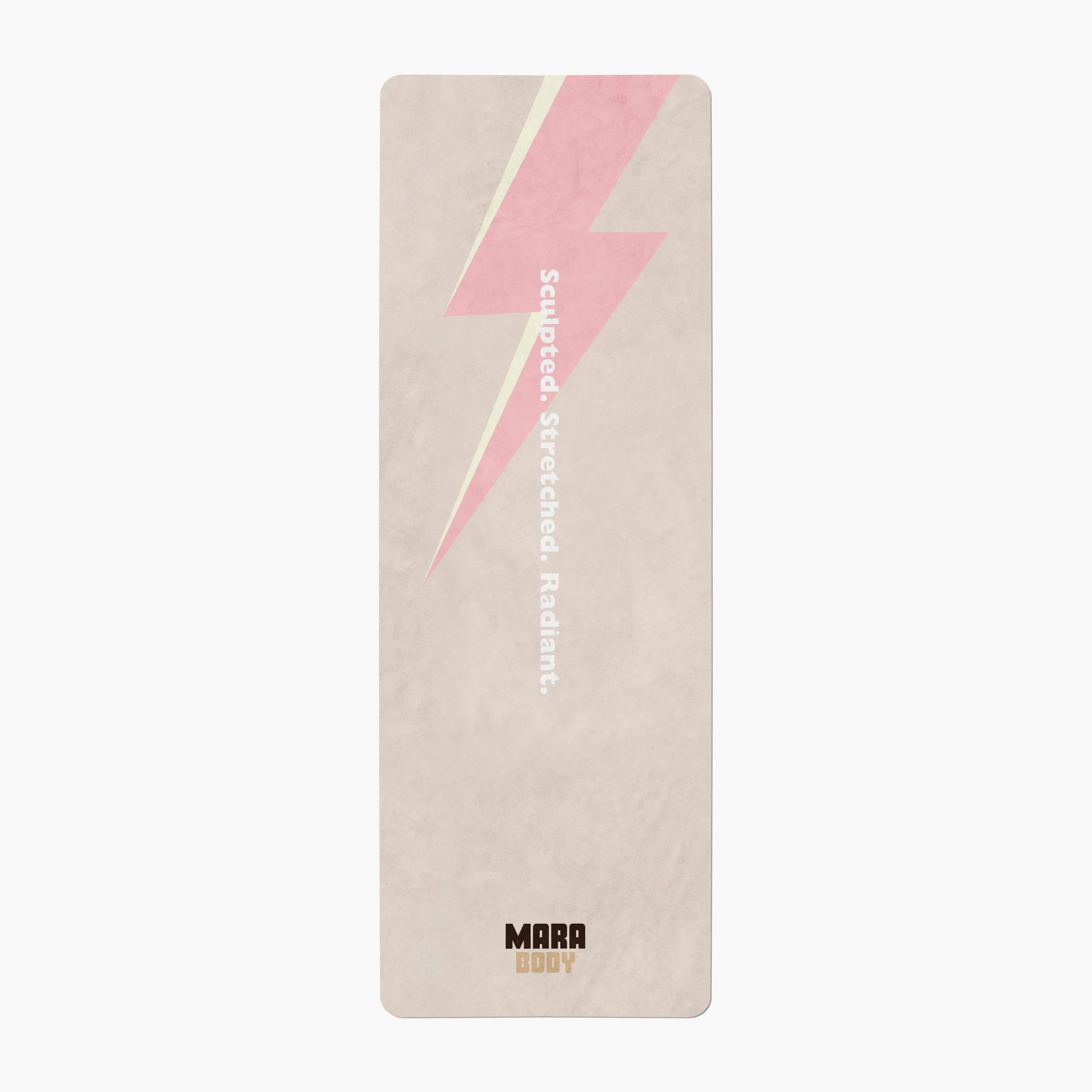 Yoga mat with pink lightning bolt design and brand name MARA BDOY on beige background