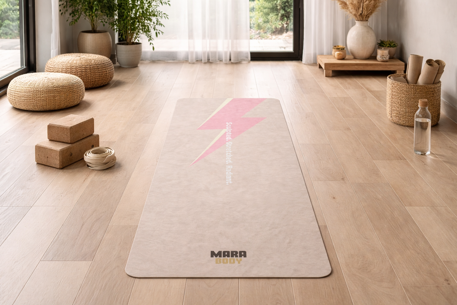 beautiful suede yoga mat laying on the floor in aesthetic pilates yoga studio