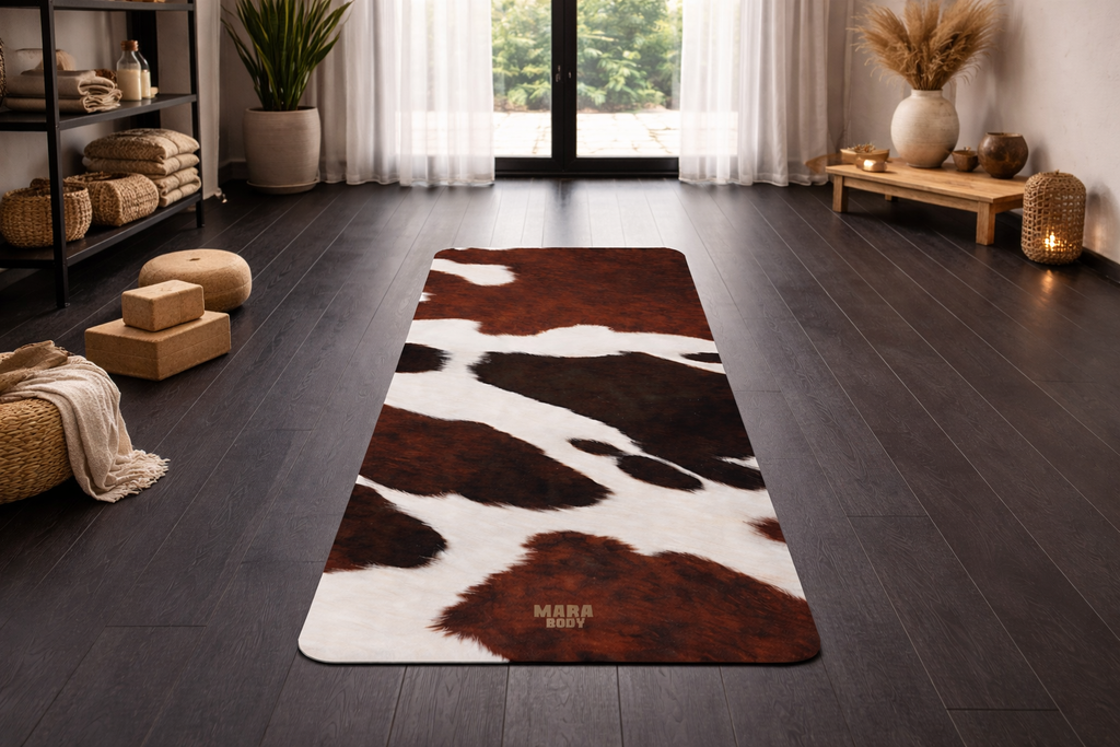 Cow print rug on a wooden floor with a modern interior setting