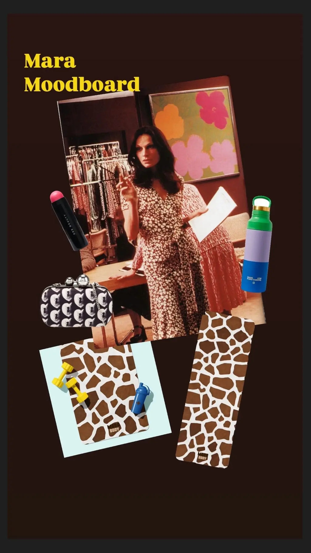 Mara Moodboard collage with a woman, giraffe pattern print yoga mat, makeup, and fashion items on a dark background