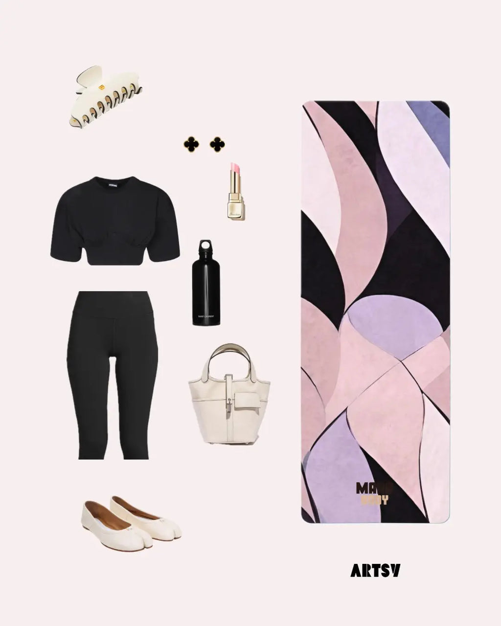 Collage of fashion and lifestyle items including an abstract design yoga mat with 'MARA BODY' branding, black top, hair claw, leggings, handbag and designer ballet shoes.