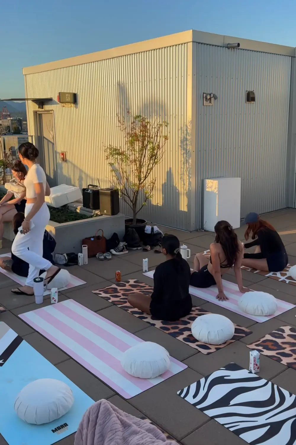 People sitting on yoga mats on a rooftop with cityscape in the background
