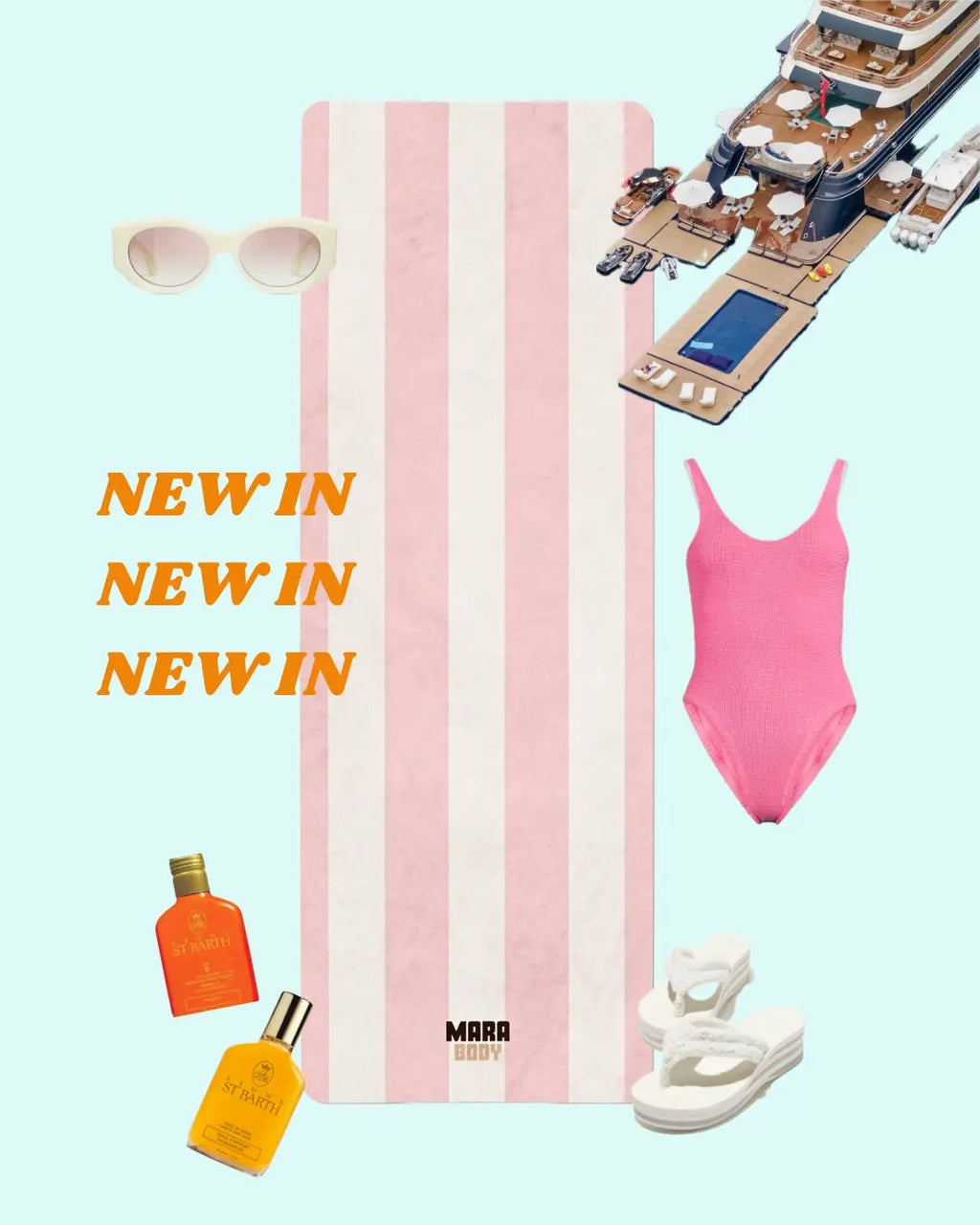 Collage of beach items including a pink swimsuit, towel, yoga mat, sunglasses, and sunscreen with 'NEW IN' text on a light blue background.