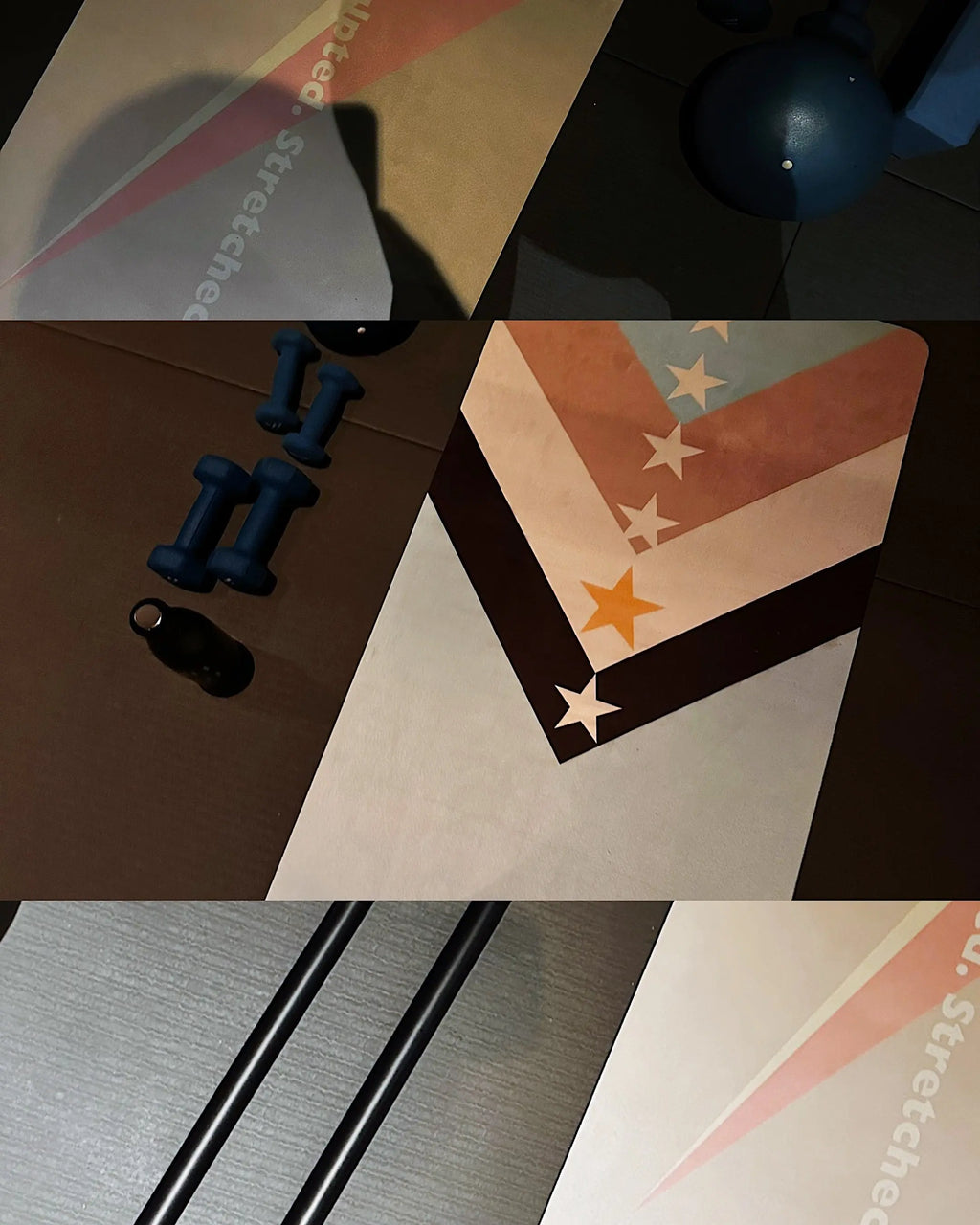 Collage of fitness equipment and a yoga mat